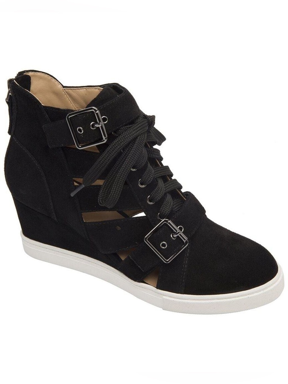 Linea Paolo Fave-L Black Kid Suede Wedge Lace-Up Ankle Booties Size 9 New in Box